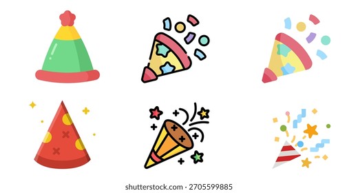 Birthday Party Hat Vector Set – Colorful Cone Caps, Confetti, Festive Celebration Icons, Cute Cartoon and 3D Birthday Cap Illustrations