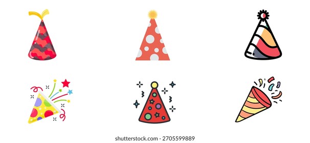 Birthday Party Hat Vector Set – Colorful Cone Caps, Confetti, Festive Celebration Icons, Cute Cartoon and 3D Birthday Cap Illustrations