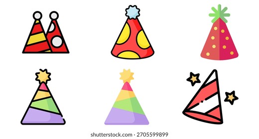Birthday Party Hat Vector Set – Colorful Cone Caps, Confetti, Festive Celebration Icons, Cute Cartoon and 3D Birthday Cap Illustrations