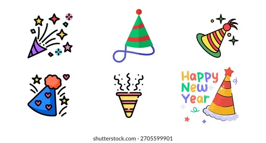 Conjunto de Vector de sombrero de fiesta de cumpleaños: gorras de cono de colores, confeti, iconos de celebración festiva, dibujos animados lindos y Ilustraciones de gorra de cumpleaños en 3D