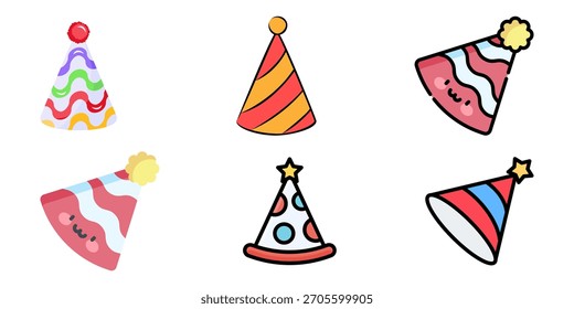 Conjunto de Vector de sombrero de fiesta de cumpleaños: gorras de cono de colores, confeti, iconos de celebración festiva, dibujos animados lindos y Ilustraciones de gorra de cumpleaños en 3D