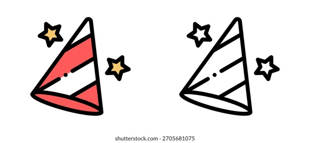 Conjunto de Vector de sombrero de fiesta de cumpleaños: gorras de cono de colores, confeti, iconos de celebración festiva, dibujos animados lindos y Ilustraciones de gorra de cumpleaños en 3D