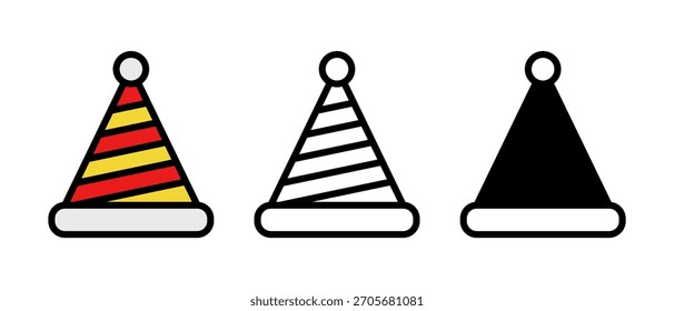 Conjunto de Vector de sombrero de fiesta de cumpleaños: gorras de cono de colores, confeti, iconos de celebración festiva, dibujos animados lindos y Ilustraciones de gorra de cumpleaños en 3D