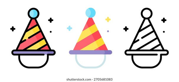 Conjunto de Vector de sombrero de fiesta de cumpleaños: gorras de cono de colores, confeti, iconos de celebración festiva, dibujos animados lindos y Ilustraciones de gorra de cumpleaños en 3D