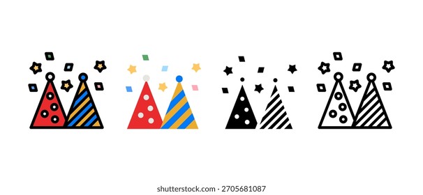 Conjunto de Vector de sombrero de fiesta de cumpleaños: gorras de cono de colores, confeti, iconos de celebración festiva, dibujos animados lindos y Ilustraciones de gorra de cumpleaños en 3D
