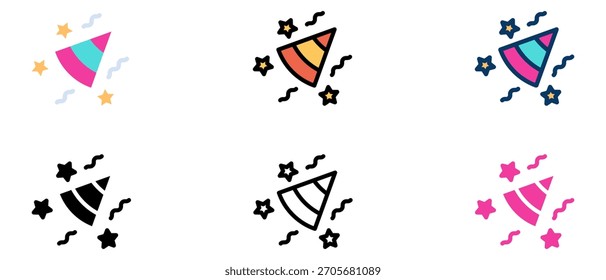 Conjunto de Vector de sombrero de fiesta de cumpleaños: gorras de cono de colores, confeti, iconos de celebración festiva, dibujos animados lindos y Ilustraciones de gorra de cumpleaños en 3D