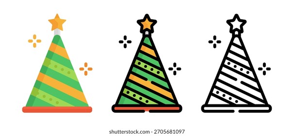 Conjunto de vetor de chapéu de festa de aniversário - Capas de cone coloridas, Confetes, ícones de celebração festiva, desenhos animados bonitos e 3D aniversário boné ilustrações