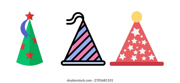 Birthday Party Hat Vector Set – Colorful Cone Caps, Confetti, Festive Celebration Icons, Cute Cartoon and 3D Birthday Cap Illustrations