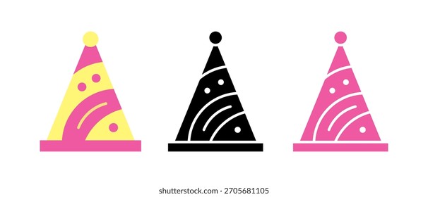 Conjunto de Vector de sombrero de fiesta de cumpleaños: gorras de cono de colores, confeti, iconos de celebración festiva, dibujos animados lindos y Ilustraciones de gorra de cumpleaños en 3D
