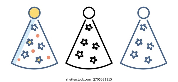 Conjunto de Vector de sombrero de fiesta de cumpleaños: gorras de cono de colores, confeti, iconos de celebración festiva, dibujos animados lindos y Ilustraciones de gorra de cumpleaños en 3D