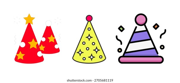 Birthday Party Hat Vector Set – Colorful Cone Caps, Confetti, Festive Celebration Icons, Cute Cartoon and 3D Birthday Cap Illustrations