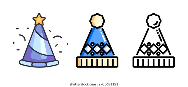 Conjunto de Vector de sombrero de fiesta de cumpleaños: gorras de cono de colores, confeti, iconos de celebración festiva, dibujos animados lindos y Ilustraciones de gorra de cumpleaños en 3D