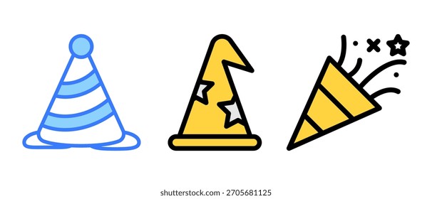 Birthday Party Hat Vector Set – Colorful Cone Caps, Confetti, Festive Celebration Icons, Cute Cartoon and 3D Birthday Cap Illustrations