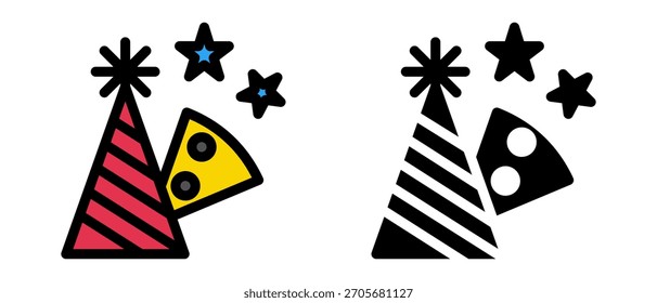 Conjunto de vetor de chapéu de festa de aniversário - Capas de cone coloridas, Confetes, ícones de celebração festiva, desenhos animados bonitos e 3D aniversário boné ilustrações