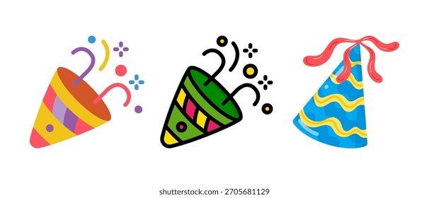 Conjunto de Vector de sombrero de fiesta de cumpleaños: gorras de cono de colores, confeti, iconos de celebración festiva, dibujos animados lindos y Ilustraciones de gorra de cumpleaños en 3D