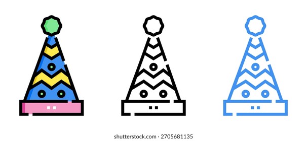 Geburtstagsparty-Hut Vektor-Set - Bunte Kegelkappen, Konfetti, festliche Feier-Icons, süße Cartoon und 3D-Geburtstagskappe Illustrationen