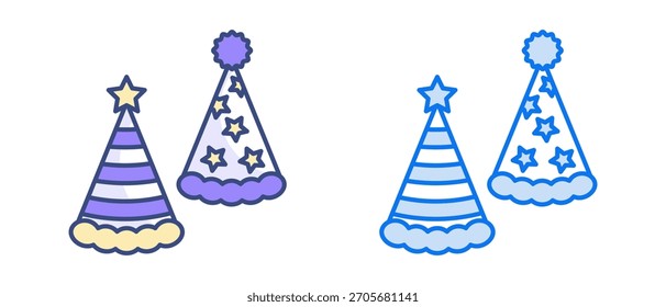 Conjunto de Vector de sombrero de fiesta de cumpleaños: gorras de cono de colores, confeti, iconos de celebración festiva, dibujos animados lindos y Ilustraciones de gorra de cumpleaños en 3D