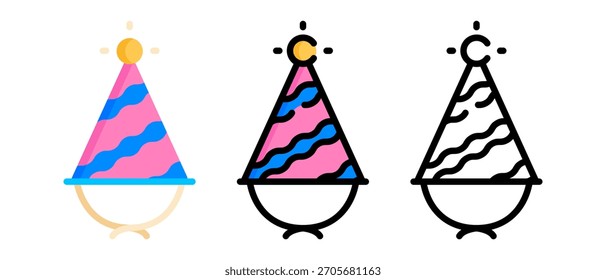 Conjunto de Vector de sombrero de fiesta de cumpleaños: gorras de cono de colores, confeti, iconos de celebración festiva, dibujos animados lindos y Ilustraciones de gorra de cumpleaños en 3D