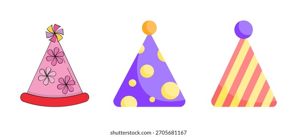 Conjunto de Vector de sombrero de fiesta de cumpleaños: gorras de cono de colores, confeti, iconos de celebración festiva, dibujos animados lindos y Ilustraciones de gorra de cumpleaños en 3D