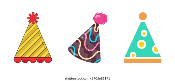Conjunto de Vector de sombrero de fiesta de cumpleaños: gorras de cono de colores, confeti, iconos de celebración festiva, dibujos animados lindos y Ilustraciones de gorra de cumpleaños en 3D