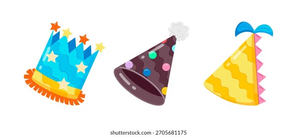 Conjunto de Vector de sombrero de fiesta de cumpleaños: gorras de cono de colores, confeti, iconos de celebración festiva, dibujos animados lindos y Ilustraciones de gorra de cumpleaños en 3D