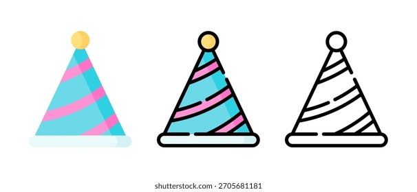 Conjunto de vetor de chapéu de festa de aniversário - Capas de cone coloridas, Confetes, ícones de celebração festiva, desenhos animados bonitos e 3D aniversário boné ilustrações