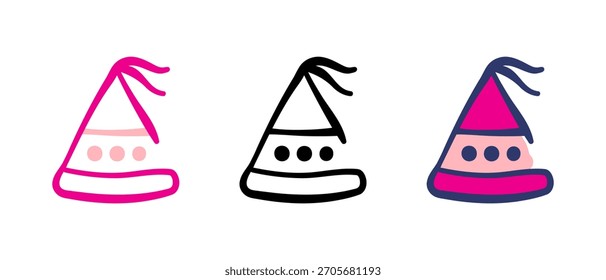 Conjunto de Vector de sombrero de fiesta de cumpleaños: gorras de cono de colores, confeti, iconos de celebración festiva, dibujos animados lindos y Ilustraciones de gorra de cumpleaños en 3D