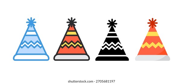 Conjunto de Vector de sombrero de fiesta de cumpleaños: gorras de cono de colores, confeti, iconos de celebración festiva, dibujos animados lindos y Ilustraciones de gorra de cumpleaños en 3D