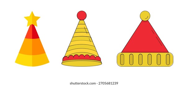 Birthday Party Hat Vector Set – Colorful Cone Caps, Confetti, Festive Celebration Icons, Cute Cartoon and 3D Birthday Cap Illustrations
