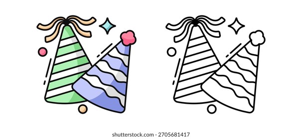 Birthday Party Hat Vector Set – Colorful Cone Caps, Confetti, Festive Celebration Icons, Cute Cartoon and 3D Birthday Cap Illustrations