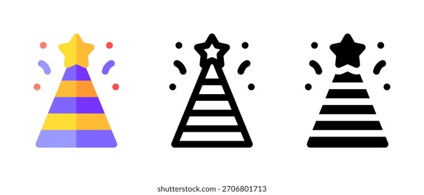 Conjunto de Vector de sombrero de fiesta de cumpleaños: gorras de cono de colores, confeti, iconos de celebración festiva, dibujos animados lindos y Ilustraciones de gorra de cumpleaños en 3D