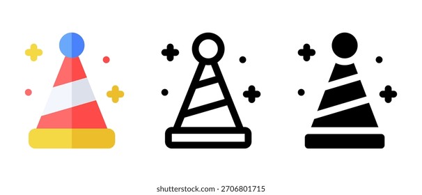 Conjunto de Vector de sombrero de fiesta de cumpleaños: gorras de cono de colores, confeti, iconos de celebración festiva, dibujos animados lindos y Ilustraciones de gorra de cumpleaños en 3D