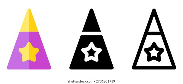 Conjunto de Vector de sombrero de fiesta de cumpleaños: gorras de cono de colores, confeti, iconos de celebración festiva, dibujos animados lindos y Ilustraciones de gorra de cumpleaños en 3D