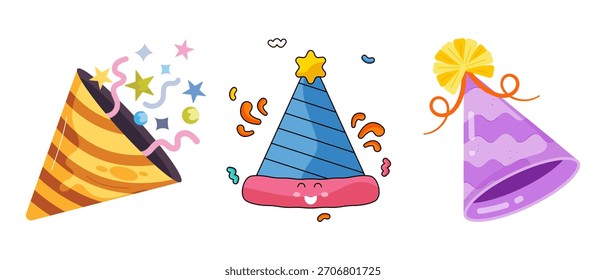 Birthday Party Hat Vector Set – Colorful Cone Caps, Confetti, Festive Celebration Icons, Cute Cartoon and 3D Birthday Cap Illustrations