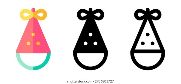 Conjunto de Vector de sombrero de fiesta de cumpleaños: gorras de cono de colores, confeti, iconos de celebración festiva, dibujos animados lindos y Ilustraciones de gorra de cumpleaños en 3D
