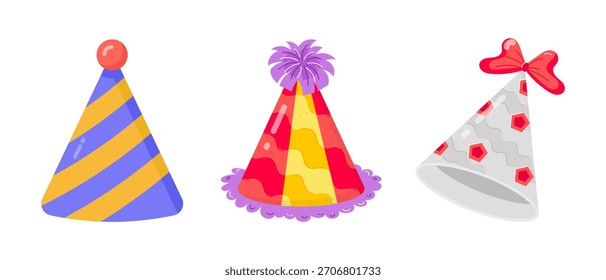 Conjunto de Vector de sombrero de fiesta de cumpleaños: gorras de cono de colores, confeti, iconos de celebración festiva, dibujos animados lindos y Ilustraciones de gorra de cumpleaños en 3D