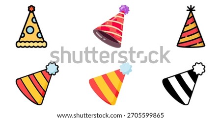 Birthday Party Hat Vector Set – Colorful Cone Caps, Confetti, Festive Celebration Icons, Cute Cartoon and 3D Birthday Cap Illustrations