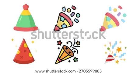 Birthday Party Hat Vector Set – Colorful Cone Caps, Confetti, Festive Celebration Icons, Cute Cartoon and 3D Birthday Cap Illustrations