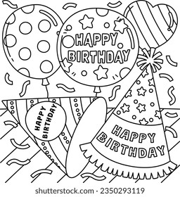 Birthday Party Hats and Balloons Coloring Page