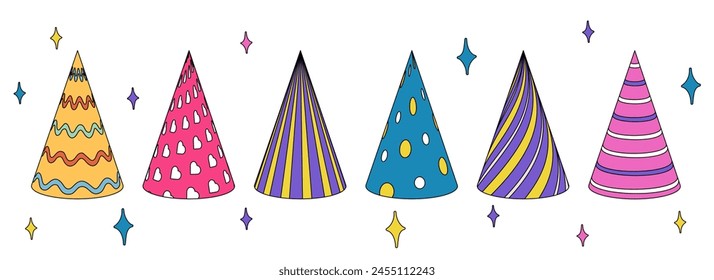 Birthday party hats in groovy style. Retro vector illustration.