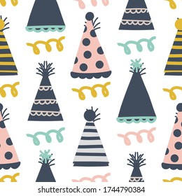 Birthday party hats hand drawn seamless vector fill. Cute childish drawing. Baby wrapping paper, textile, vector illustration 
