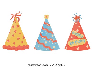 Birthday party hats icon vector set. Party hats on a white background. Hand drawn cone hats, stars, stripes, hearts.