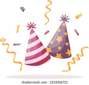 Birthday party hats and serpentine. A cute decoration for Birthday party, holiday, festive, celebration, event. Vector flat graphic cartoon illustration design