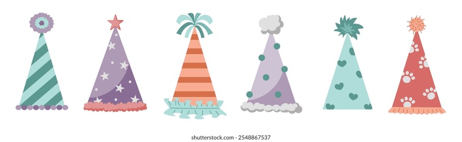 Birthday party hats set. Birthday cap vector clipart.  Cute birthday cone caps. Festive paper caps collection.