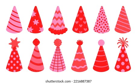 Birthday party hats set, pink color different shapes vector