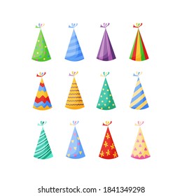 Birthday party hats set vector illustration in a cartoon flat style isolated on white background. Colorful party caps for celebration design.