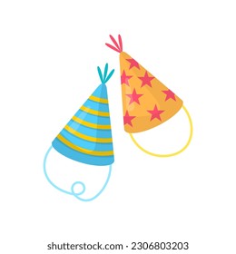 Birthday party hats set vector illustration. Cartoon isolated paper cone caps with stripes and stars pattern, funny festive decoration to wear and celebrate happy holidays, fun carnival accessory