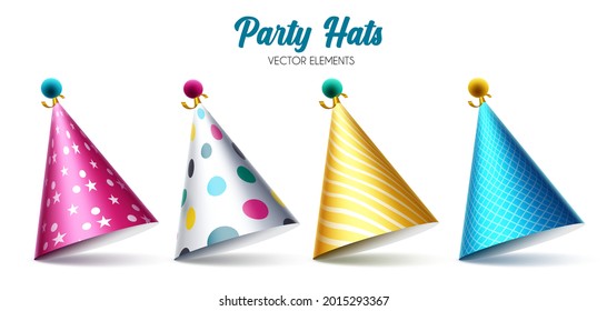 Birthday Party Hats Vector Set. Colorful Hat Elements Isolated In White Background For Celebrating Birth Day Party Event Decoration. Vector Illustration
