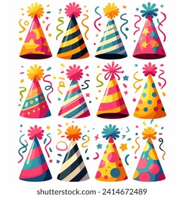 Birthday party hats vector set. Colorful hat elements isolated in white background for celebrating birth day party event decoration. Vector illustration