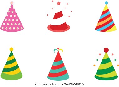 Birthday party hats Vector Set editable design isolated on transparent background. party cones with cute decoration. Christmas colorful caps vector design.
